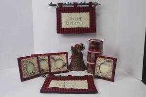 lot 131 image: Christmas Decor Lot Buffalo Plaid Frames, Bell, Signs & Ribbon