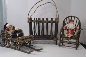 lot 138 image: Rustic Christmas Decor Lot Twig Sleigh, Chair, Basket & Santa Dolls