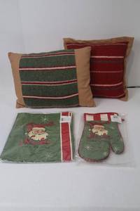 lot 139 image: Christmas Kitchen Linens NIB and Festive Striped Pillows Lot