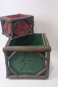 lot 141 image: Set of 2 Rustic Christmas Decorative Square Wood Planters