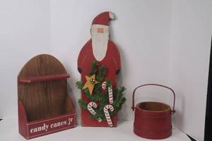 lot 145 image: Christmas Decor Lot Wood Santa, Candy Cane 5c Box, Red Bucket