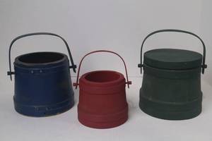 lot 148 image: Set of 3 Painted Wooden Firkin Pantry Buckets, Blue, Red, Green