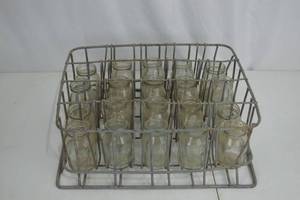 lot 78 image: Vintage Wire Milk Bottle Carrier with Glass Bottles