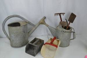 lot 79 image: Vintage Metal Watering Cans and Garden Tools Lot