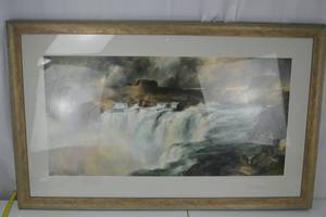 lot 84 image: Framed Waterfall Landscape Print Signed Hermann 1996, Large Wall Art