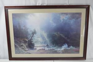 lot 86 image: Large Framed Coastal Storm Print Signed Bierstadt, 42x29 Inches