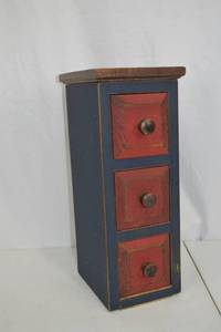 lot 196 image: Primitive 3-Drawer Wood Accent Cabinet, Red and Blue