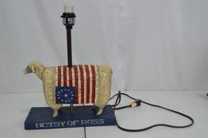 lot 202 image: Betsy Ross Folk Art Table Lamp, Patriotic Sheep Design