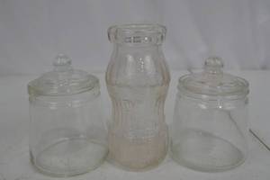 lot 207 image: Lot of Vintage Glass Jars and Bireleys Embossed Bottle