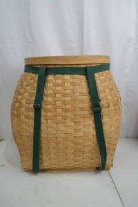 lot 214 image: Handwoven Backpack Basket with Green Straps, 18 Inch Tall