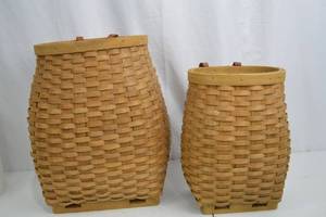 lot 215 image: Pair of Woven Wood Bushel Baskets with Handles, 15-17 Inch
