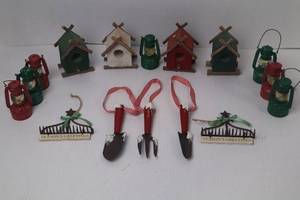lot 74 image: Assorted Christmas Ornaments Birdhouses, Lanterns, Garden Tools & Signs