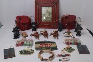 lot 93 image: Lot of Vintage Rustic Fishing and Holiday Ornaments, Decor & Picture Frame