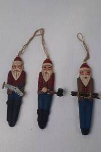 lot 213 image: Set of 3 Handcrafted Lumberjack Santa Christmas Ornaments