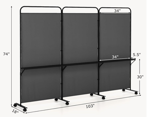 lot 260 image: Giantex 3 Panel Room Divider with Wheels and Shelves, 103 W x 74 H Folding Privacy Screen, Rolling Partition Separator for Home Office Studio, Fabric Wall Divider for Room Separation (Black)