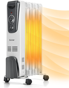 lot 269 image: COSTWAY Oil Filled Radiator Heater, 1500W Portable Space Heater with Adjustable Thermostat, 3 Heat Settings, Overheat and Tip-Over Protection, Electric Oil Heater for Indoor Use, Bedroom, Office