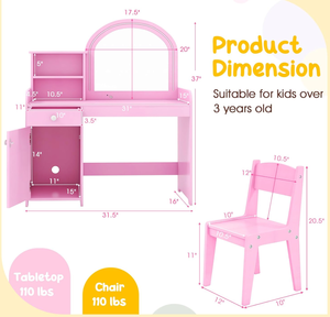 lot 271 image: Costzon Kids Vanity, Girls Vanity Set with Mirror and Stool and Lights, Makeup Vanity Desk with Lights, Drawer & Storage Cabinet, Wooden Dressing Table, Vanity Table and Chair Set (Pink)