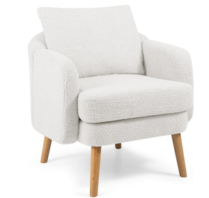 lot 284 image: Giantex Sherpa Accent Chair, Modern Upholstered Single Sofa Chair with Back Pillow & Solid Rubber Wood Legs, Teddy Barrel Arm Chair for Reading, Living Room, Bedroom, Office, White