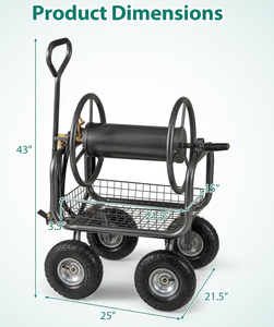 lot 286 image: Toolsempire Hose Reel Cart, Hold Up to 300 ft of 58 Hoses, Metal Water Hoses Carts with Storage Basket, 4 Pneumatic Tires, Handle & Grip, Garden Hose Organizer for Backyard, Lawn & Patio (Slightly Used, Maybe Missing Hardware)