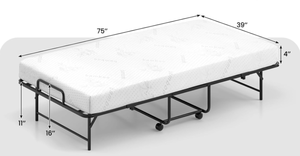 lot 14 image: Giantex Twin Folding Bed Frame with Mattress, 75 x 38 Portable Rollaway Guest Bed with Memory Foam Mattress & Metal Frame, Space Saving Roll Away Beds with Mattresses for Adults Guest Apartment (Slightly Used)