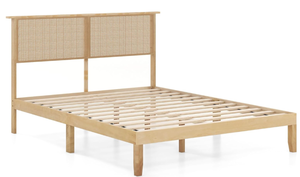 lot 36 image: Giantex Queen Size Rattan Bed Frame with Rattan Headboard, Boho Solid Wood Platform Bed with Wooden Slats, 12 Inch Bed Frame Queen with Storage Underneath, No Box Spring Needed, Natural
