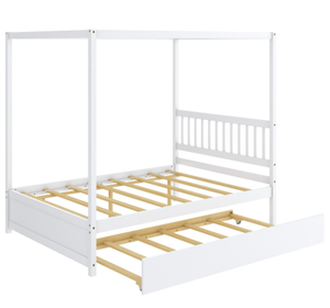 lot 40 image: Costway 57906241 Full Size Canopy Bed with Trundle Wooden Platform Bed Frame Headboard-White