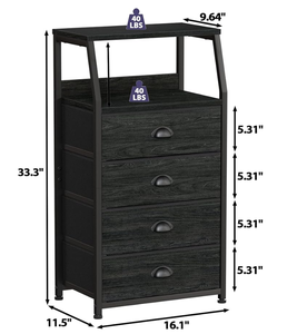 lot 207 image: Furnulem Tall 4 Drawers Dresser, Vertical Storage Tower Black Dresser for Bedroom, Hallway, Entryway, Nursery, Closet Organizer, Nightstand Bedside Table Furniture, Sturdy Steel Frame, Wood Top