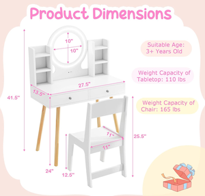 lot 414 image: Costzon Kids Vanity, Girls Vanity Set with Mirror and Stool and Lights, Drawers, Storage Shelves, Wooden Toddler Makeup Vanity Desk Dressing Table, Kids Vanity Table and Chair Set (White)