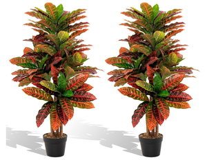 lot 420 image: Goplus Artificial Croton Palm Tree, 40 2 Pack Tall Lush Faux Tree in Pot for Home Decor Indoor with Colorful Variegated Leaves, Potted Fake Tree Artificial Plants for Office, Living Room, Porch