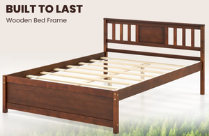 lot 444 image: Giantex Solid Wood Platform Bed Frame, Mid Century Full Bed Frame with Headboard Queen  (Missing Hardware. Maybe Missing Parts or Pieces)
