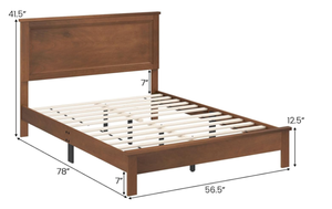 lot 453 image: GOFLAME Full Size Wood Bed Frame, Mid-Century Modern Platform Bed with Headboard, Mattress Foundation with 12 Wooden Slats, No Box Spring Needed, Walnut (USED, Missing Parts or Pieces. Maybe Missing Hardware. Attempted To Assemble. Minor Transit Damage)