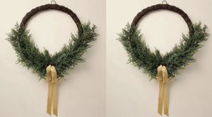 lot 465 image: LOT OF 2 Hearth & Hand with Magnolia 26 Artificial Cedar Wreath wBells & Ribbon