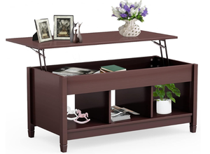 lot 467 image: COSTWAY Lift Top Coffee Table, with Hidden Storage Compartment & 3 Open Shelves, Rectangular Cocktail Tea Table with Solid Wood Legs for Living Room Reception Room (Brown)