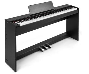 lot 1A image: Costzon 88 Key Weighted Keyboard Digital Piano, Hammer Action Electric Piano with Furniture Stand, Record & Replay, Triple Pedals, Dual Speakers & Headphone Jacks, Upright Piano for Beginners 12D x 53W x 29H