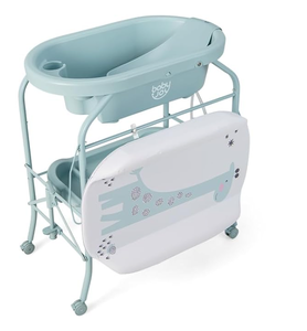 lot 53 image: BABY JOY Baby Bathtub with Changing Table, Foldable Infant Diaper Changing Station with Storage Tray, Waterproof Pad, Portable Newborn Nursery Organizer Bath Stand with 4 Universal Wheels (Blue)
