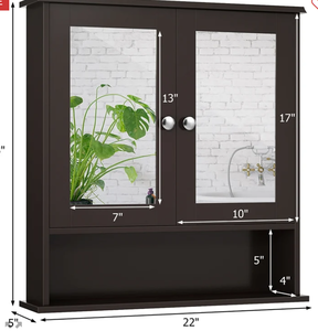 lot 112 image: Costway Bathroom Double Mirror Door Storage Medicine Cabinet Brown