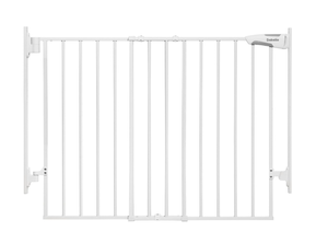 lot 150 image: Babelio 27-43 No Bottom Bar BabyDog Gate with Easy Installation, 2-in-1 Auto Close Design, Suitable for The House, Stairs, and Doorways, Safety Pet Gates with Large Walk-Thru Door, White