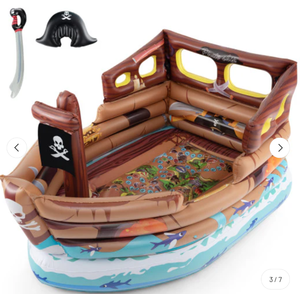 lot 153 image: Costway Inflatable Pirate Ship Playhouse with Built-in Motor and Inflatable Toy Sword-Brown