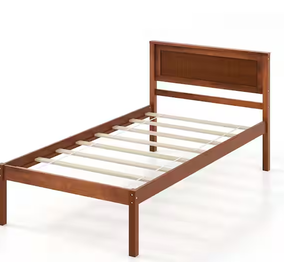 lot 76 image: Brown Walnut Wood Frame Twin Size Platform Bed Frame with Headboard Mattress Foundation