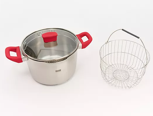 lot 387 image: Kuhn Rikon 4-quart SS Straining Stock Pot w Steamer Basket