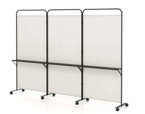 lot 301 image: Costway JV12391WH 3-Panel Folding Room Divider with 3 Metal Shelves & Lockable Wheels - White