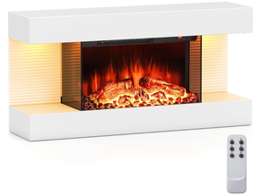 lot 303 image: COSTWAY 3-Sided View Electric Fireplace with Floating Mantel 32-inch Wide, 7501500W Wall Mount 18-inch Fireplace with Remote Control, 12-Color Dimmable Flame & Ambient Light, 8H Timer, White