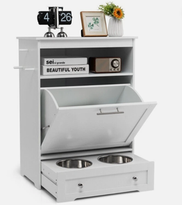 lot 306 image: Costway Pet Feeder Station Dog Food Storage Cabinet w2 Dog Food Bowls Stainless Steel