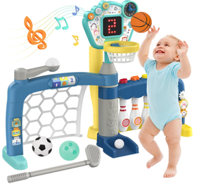 lot 307 image: AIGIMU Toddler Sports Toys, 5-in-1 Toddler Basketball Hoop Soccer Bowling Baseball Golf Activity Center, 1 2 3 Year Old Boys Girls Toy, Toys for Toddlers & Baby
