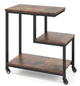 lot 308 image: Costway G-shaped Side Table 3-Tier Mobile End Table with Open Shelves, Rustic Brown