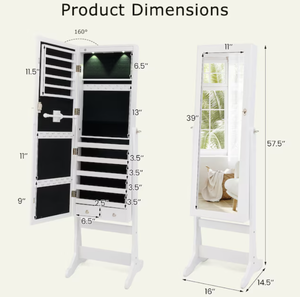 lot 312 image: Slickblue Freestanding Jewelry Cabinet with Mirror LED Lights Lock 108 Earring Slots and 78 Ring Holders White or Black 57.5 inches H