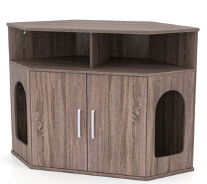 lot 324 image: Costway Corner Cat Litter Box Enclosure with Storage Shelves and Double Doors, Gray (Minor Transit Damage)