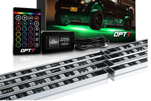 lot 345 image: OPT7 Aura Aluminum Underglow LED Lighting Kit for Truck with Remote Control, Exterior Neon Accent Underbody Light Bar, RGB Multicolor Under Car Decorations, Waterproof, Soundsync, Door Assist, 12V