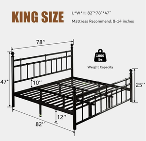 lot 484 image: iPormis King Metal Bed Frame with Victorian Vintage Headboard and Footboard, Black (Maybe Missing Parts, Pieces, And Hardware. Attempted To Assemble)