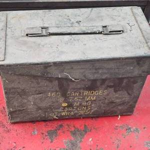 lot 103 image: 1950s-60s 50 Cal Ammo Can with Field Dressing Inside